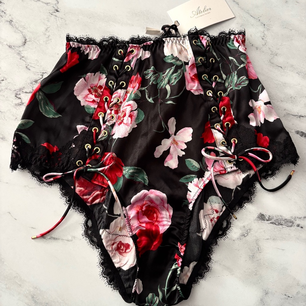 Victoria's Secret Black and Red Floral Lace-Up Panties